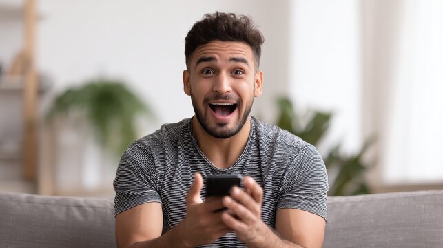 happy smiling latin man with smartphone being surprised as reading message while sitting on sofa hispanic guy with cellphone relaxing at home while receive great news from friend no logos no brands a