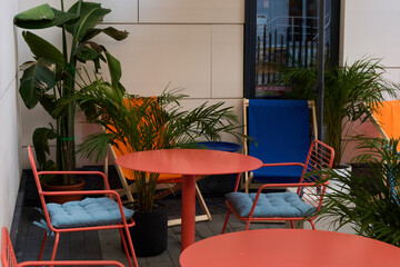 Experience a Vibrant Outdoor Seating Area Featuring Colorful Chairs Surrounded by Lush Green Plants