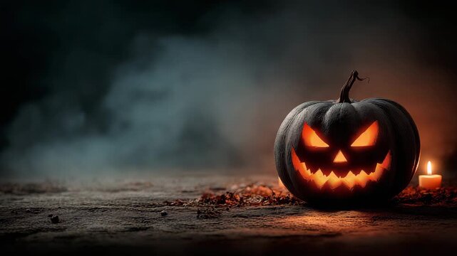 A scary Halloween jack-o'-lantern with a glowing evil face. Dark carved pumpkin in a spooky, smoky night scene. Vertical video with copy space