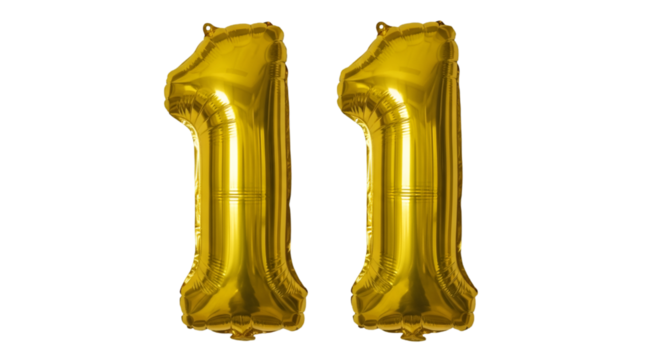 Two Golden Number 11 Balloons on Black Background