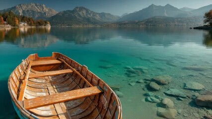A wooden boat floats on a clear turquoise alpine lake. Majestic mountains reflected in the still water. Scenic autumn landscape for travel and adventure. Vertical video - Powered by Adobe