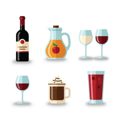 Flat vector illustration of wine bottle, jug, and glasses for thanksgiving celebration on white background