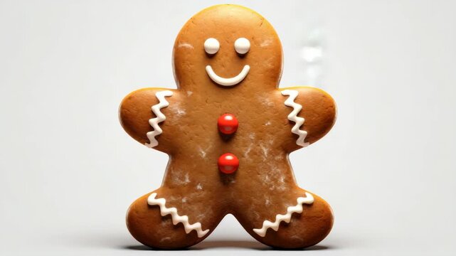 A gingerbread man with a red nose and a red button on his chest. He is smiling