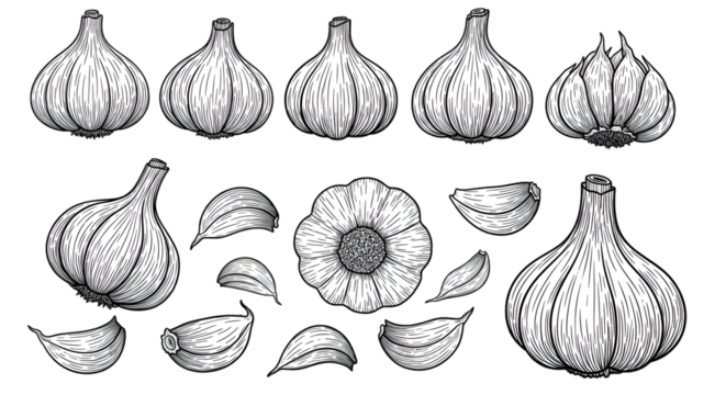 Black and White Garlic Illustrations on Black Background