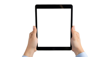 Hands Holding a Tablet with a Blank White Screen