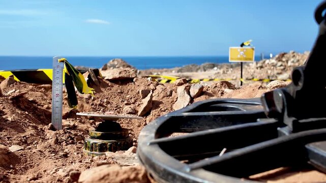 Close up of a metal detector finding a dangerous anti personnel land mine buried in the ground in a minefield by the sea, representing the clearing and demining of territory after war