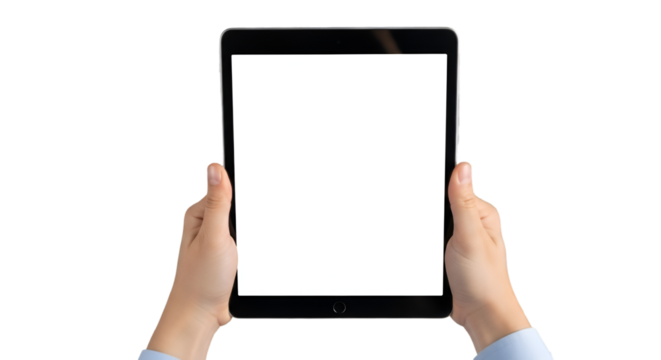 Hands Holding a Tablet with a Blank White Screen