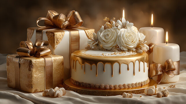 Cake with candles, birthday cake, wedding cake, white and gold, golden cake, white cake, gifts and candles, golden ribbon, sweet food, dessert, luxury cake, expensive food,