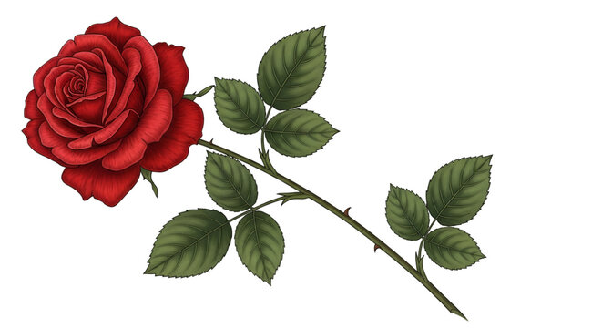 Elegant Red Rose with Green Leaves on Black Background