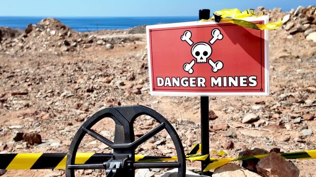Red warning sign with skull and crossbones indicating the presence of landmines in a demining area. A metal detector is on the ground near a police tape, marking the dangerous territory