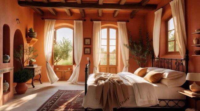 Quarto moderno com janela aberta e cortinas ao vento.