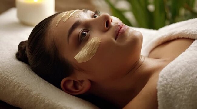 Mulher relaxando no spa com creme facial.