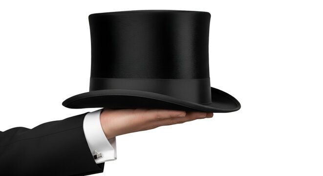 Hand Presenting a Black Top Hat on a Black Background