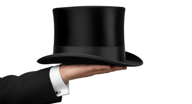 Hand Presenting a Black Top Hat on a Black Background