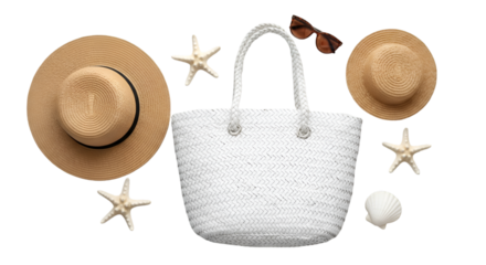 Beach Essentials: Straw Hats, White Bag, Sunglasses, and Starfish