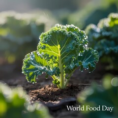 Fresh kale growing in a field with morning dew on leaves for healthy eating and food awareness
