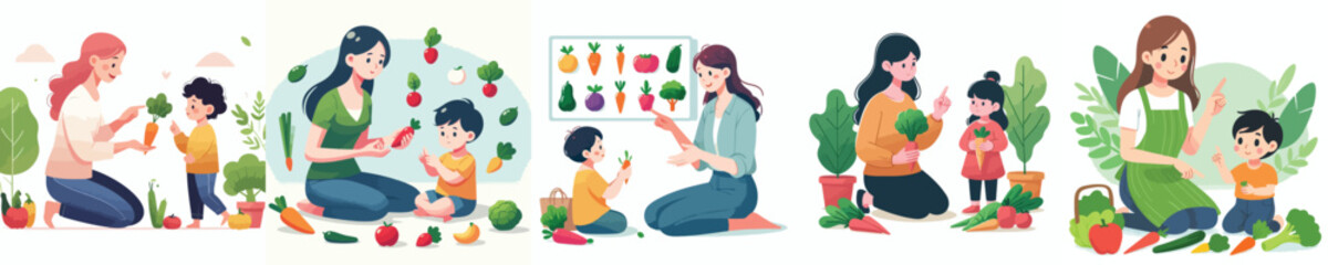 vector of children learning vegetables with mother