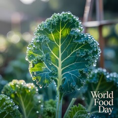 Fresh organic kale glistening with morning dew ready for healthy recipes and vibrant World Food Day celebration