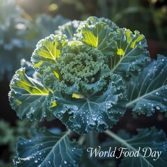 Celebrate World Food Day with fresh kale covered in morning dew in the garden sunlight