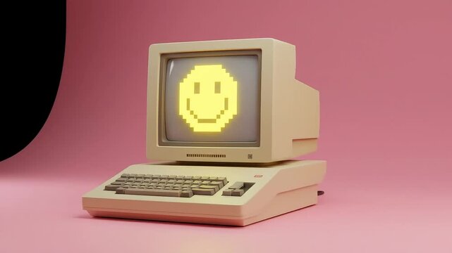Vintage Beige Computer with Glowing Smiley on Pink Background