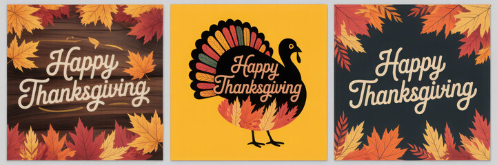 Happy Thanksgiving greeting cards featuring fall leaves and a turkey illustration perfect for holiday invitations and social media posts