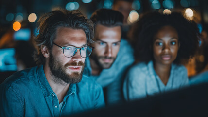 IT Team Collaboration. Diverse team of IT professionals gathered around a computer screen, collaborating on a project.