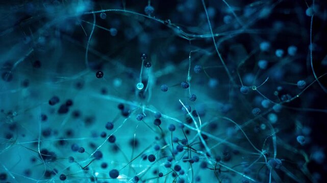 Microscopic Fungal Network Growth Timelapse Scientific Biology Visualization Blue