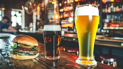 Picture of a bar counter with beverages and food served in glasses and plates. - Powered by Adobe