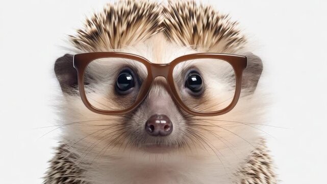 A small animal with glasses on its face. The glasses are brown and the animal is a hedgehog