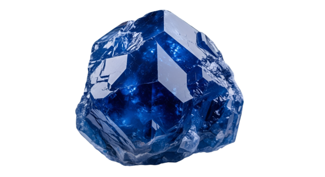 Close-up of a large, faceted blue crystal on a black background