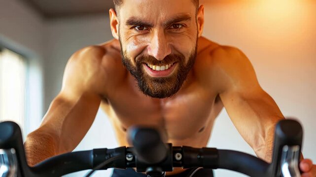 Intense Indoor Cycling: A determined man pushes his limits during an indoor cycling workout, his face glistening with sweat as he strives for peak fitness.