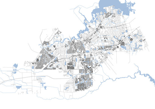 Monochrome map of League City showing highways, waterways, and building footprints &mdash; ideal for urban planning, geographic design, or architectural visualization.