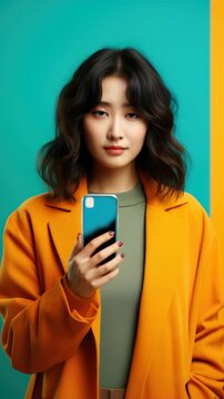 A woman is seen in the  using her smartphone. She is wearing an orange coat and a green top. The background features a blue and yellow pattern.