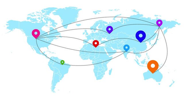 Digital World Map Animation with Pointers, Pins, and Global Connectivity Lines