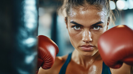 Determined female boxer in intense training session with boxing gloves