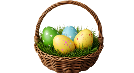 Easter Basket with Colorful Eggs and Green Grass