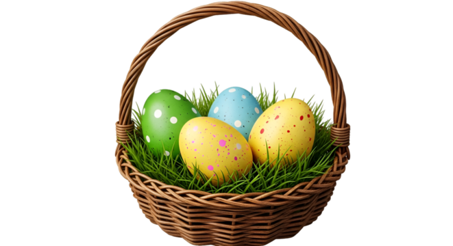 Easter Basket with Colorful Eggs and Green Grass