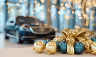 Gold and blue christmas ornaments with a large gold bow in foreground, emphasizing a luxury car in the background, bokeh lights creating festive atmosphere