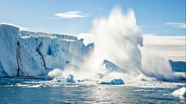 Iceberg calving from glacier into ocean, creating a large splash and waves, a visual of climate change and global warming footage