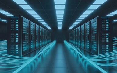 Futuristic data center with glowing blue server racks and cables, website banner, background image, background photo
