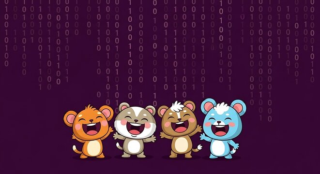 Four Adorable Cartoon Hamsters Laughing Joyfully with a Digital Matrix Background. - Powered by Adobe