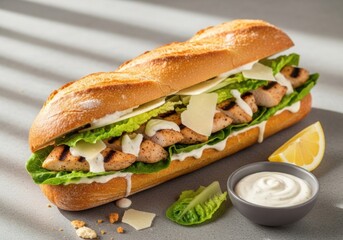Grilled chicken Caesar sandwich on crusty baguette with romaine & parmesan