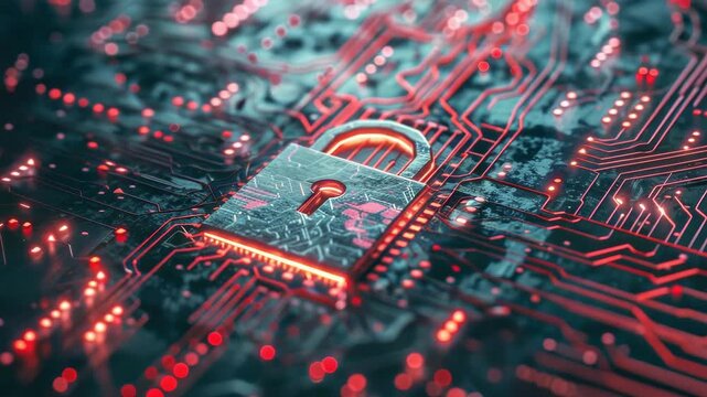 A high-resolution  of a microchip with the digital lock symbol in red, representing cybersecurity and advanced technology concepts. - Powered by Adobe