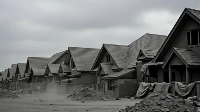 Row of houses covered in volcanic ash and dust, showing environmental impact of a natural disaster, climate change footage.