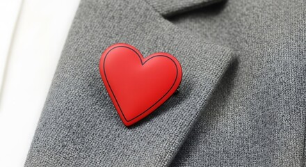 Obraz premium Red Heart Pin on Gray Blazer Lapel Close-Up.