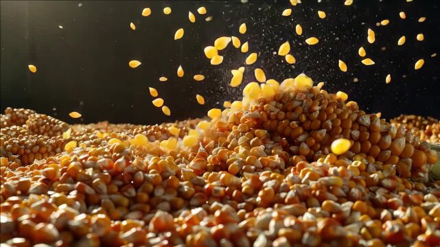 A dynamic close-up shot of corn kernels in mid-air with blurred motion, showcasing the golden and white colors against a dark background.
