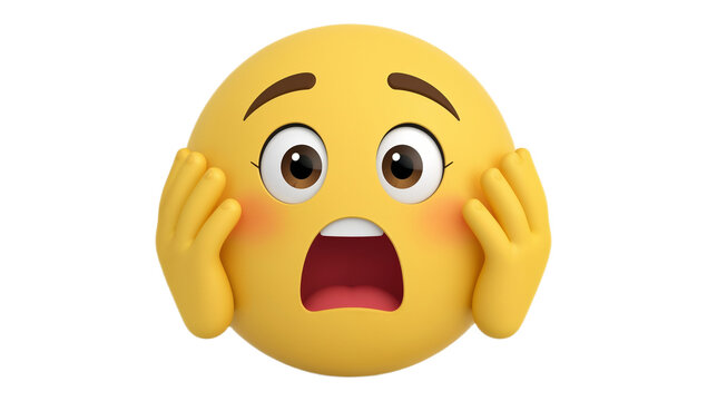 Vivid 3D render of a shocked yellow emoji face, conveying intense fear or surprise with wide eyes, open mouth, and hands on cheeks, isolated on white, a digital illustration