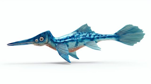 Animated Blue Ichthyosaur Dinosaur on White Background.