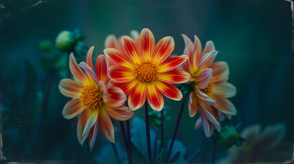 Moody Close-up of Vibrant Orange and Yellow Dahlia Flowers