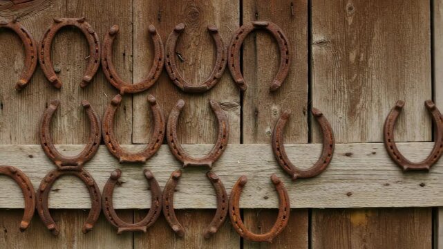 Group of Rusty Brown Horseshoes Arranged on Wooden Door Decorating Wall in Rustic Style for Good Luck Metal Objects and Country Charm